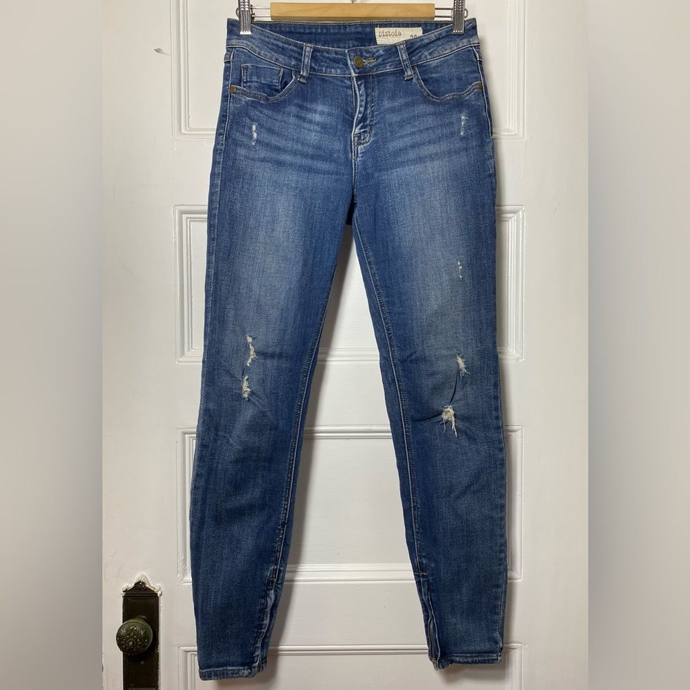 PISTOLA Zipper Cuff Distressed Skinny Leg Jeans Blue Medium Wash Size 28